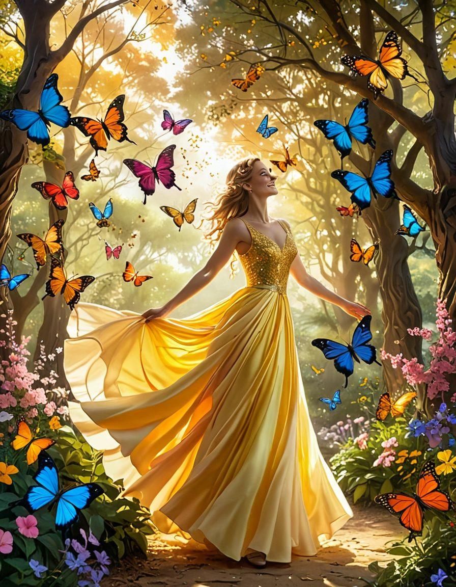 A whimsical scene depicting a joyful figure wearing a playful disguise, surrounded by vibrant, flowing colors representing happiness. Incorporate elements like colorful butterflies, sparkling stars, and a lush garden to symbolize the secrets of joy. The background should evoke a sense of tranquility and warmth, with soft golden sunlight filtering through tree branches. whimsical art style. vibrant colors. fantasy illustration.