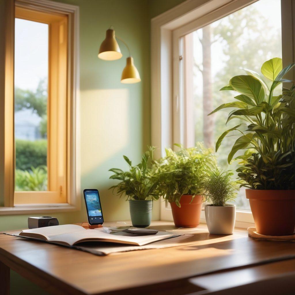 A bright, cheerful scene depicting innovative gadgets cleverly concealed in everyday objects, like a book with a hidden camera and a stylish lamp with wireless speakers. Lush green plants and sunlight streaming in through a window create a warm atmosphere. People smiling and interacting with these smart devices, showcasing joy and innovation. Playful and vibrant colors to evoke happiness and creativity. super-realistic. vibrant colors. soft focus.